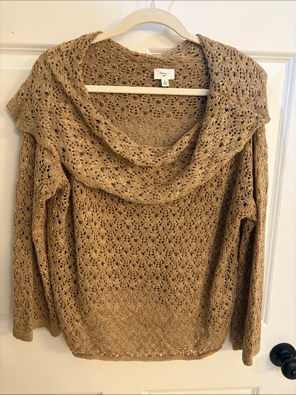 Beivy Open-Weave Cowl Neck Sweater in Tan